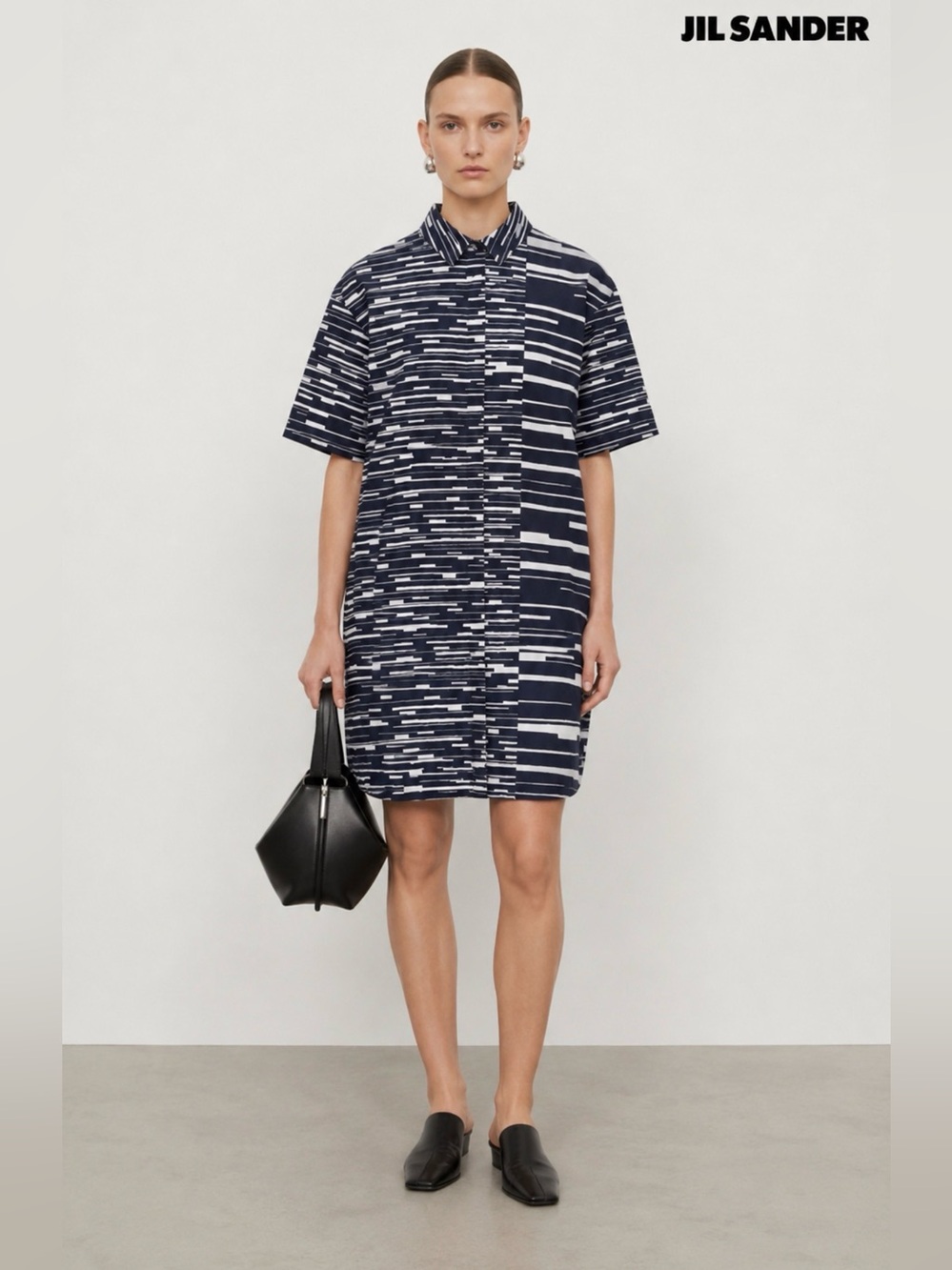 JIL SANDER NAVY Geometric Stripe Collared Button Down Cotton Shirt Dress IT 38 S